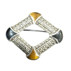 Vintage Sterling Silver Marcasite Onyx & Tiger’s Eye Small Pin Brooch